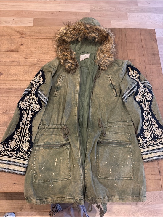 We The Free Jackets & Blazers - We The Free Green Embroidered Utility Jacket with Faux Fur Hood